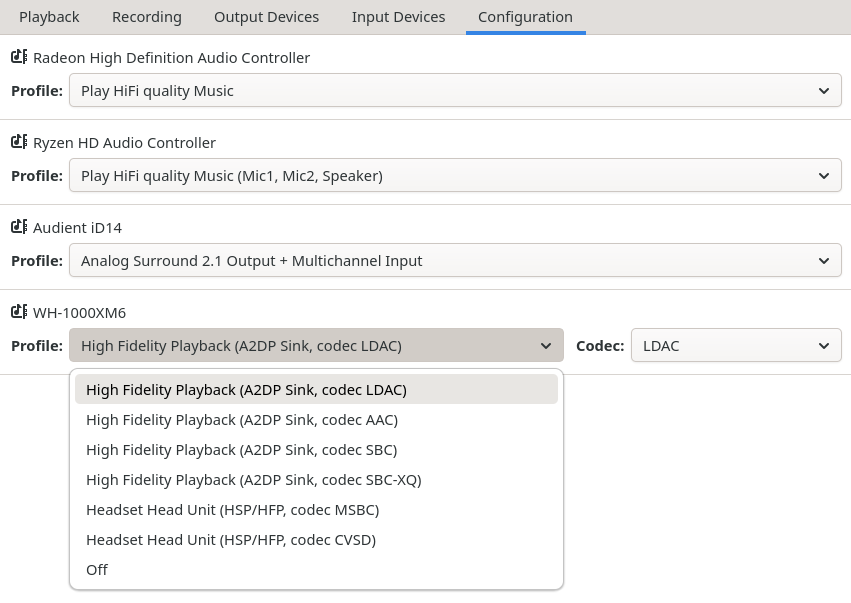 Pavucontrol options for Bluetooth sink