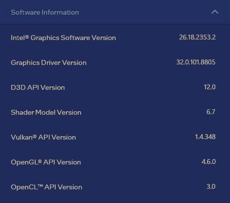 Intel Arc driver software details