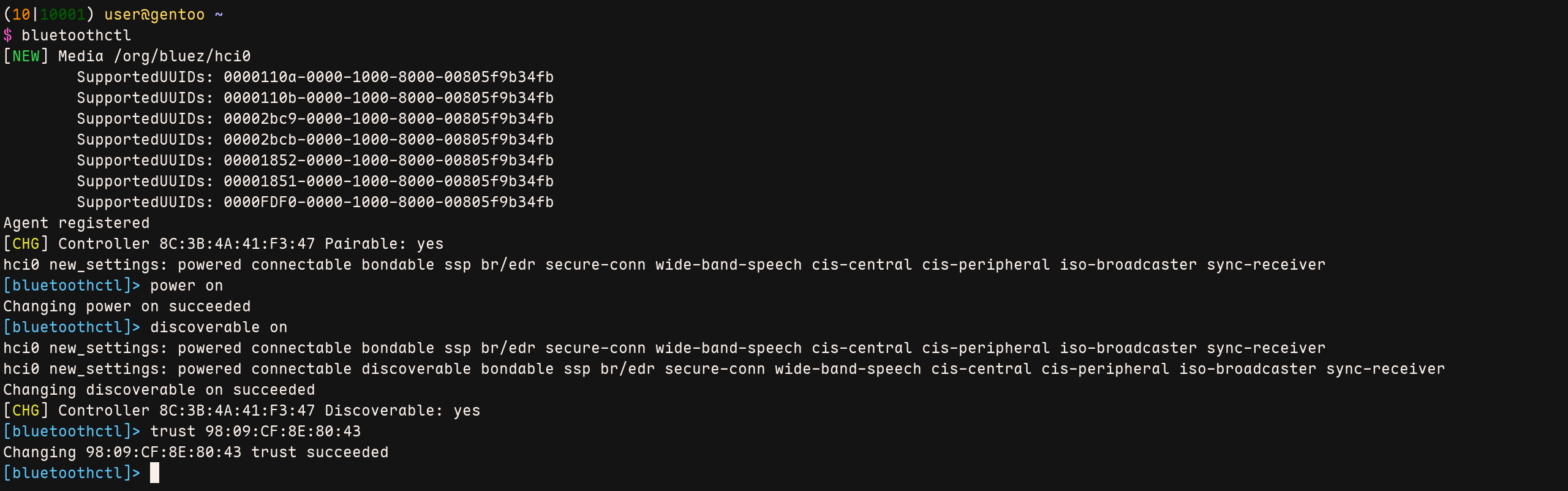 Trust a Bluetooth device via bluetootchtl