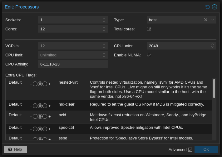 Proxmox VM Processor Settings for CPU Affinity
