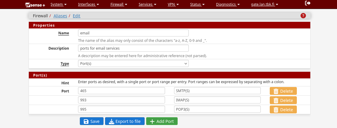 pfSense alias (port) definition