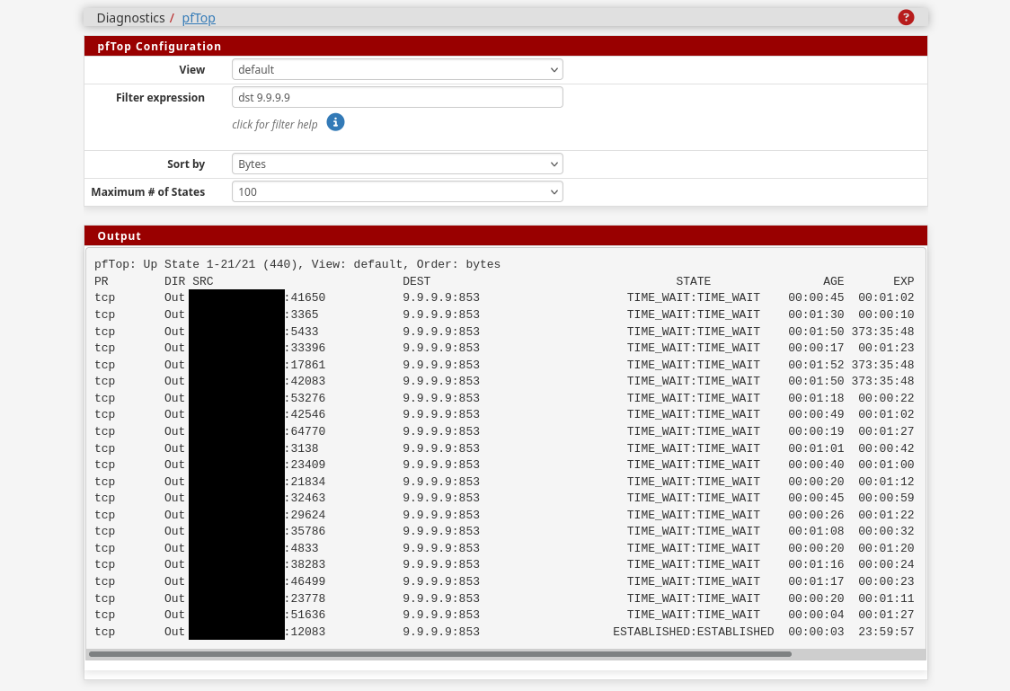 pfSense pftop monitoring view