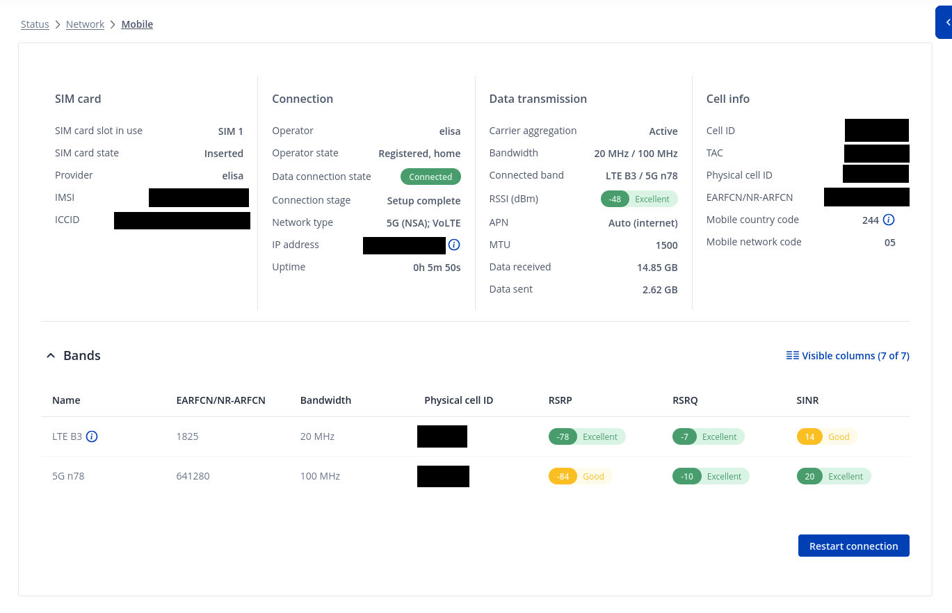View of RutOS Mobile Network statistics in the WebUI