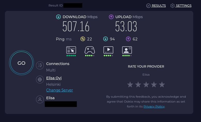 Speedtest.net results for Elisa 5G via RUTX50 using an external Panorama Antennas omni